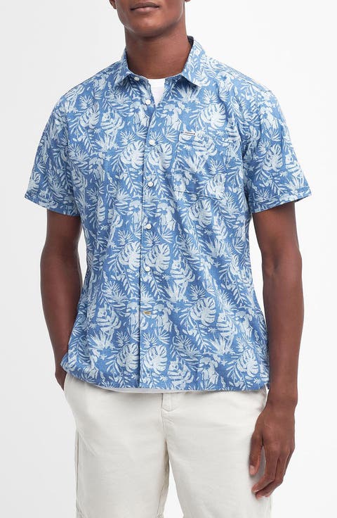Ives Regular Fit Leaf Print Short Sleeve Cotton Button-Up Shirt