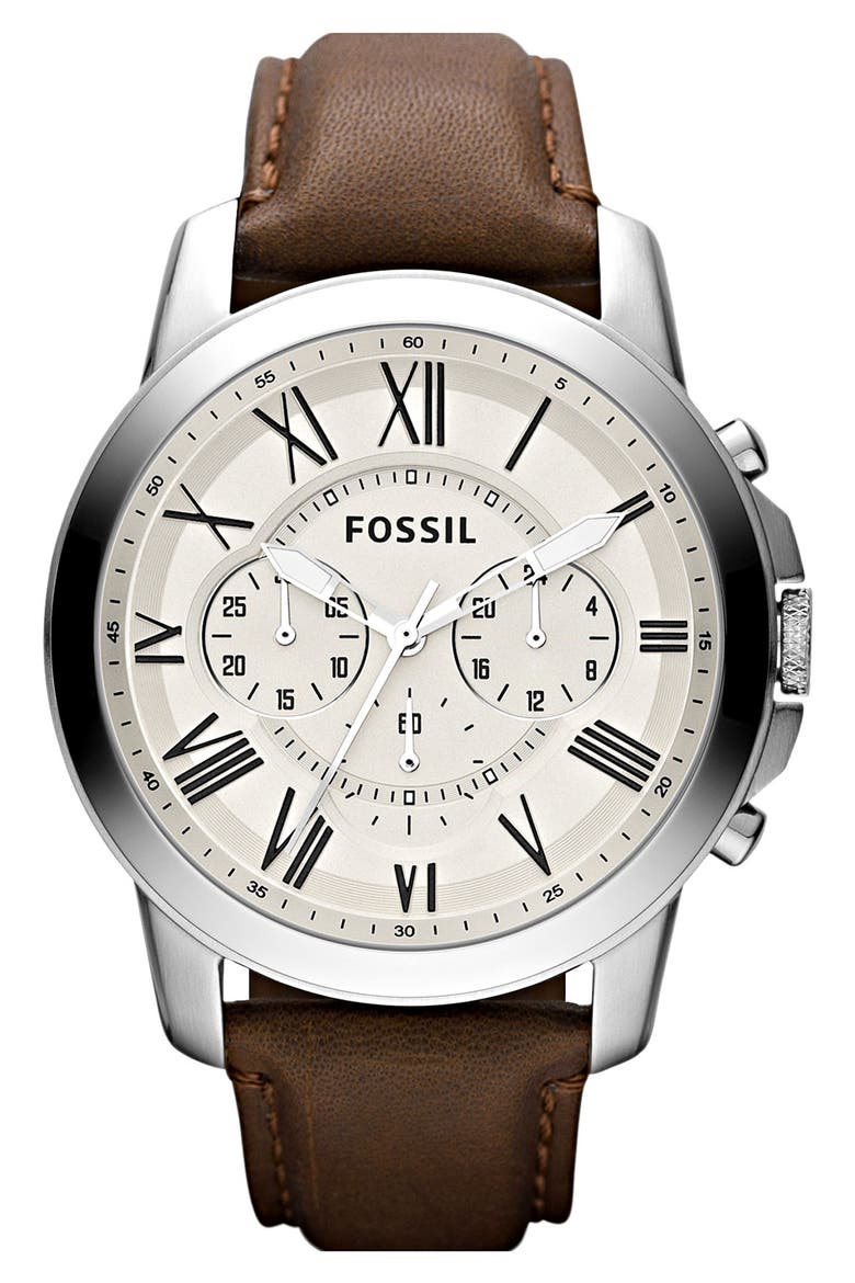 'Grant' Round Chronograph Leather Strap Watch, 44mm, Main, color, BROWN
