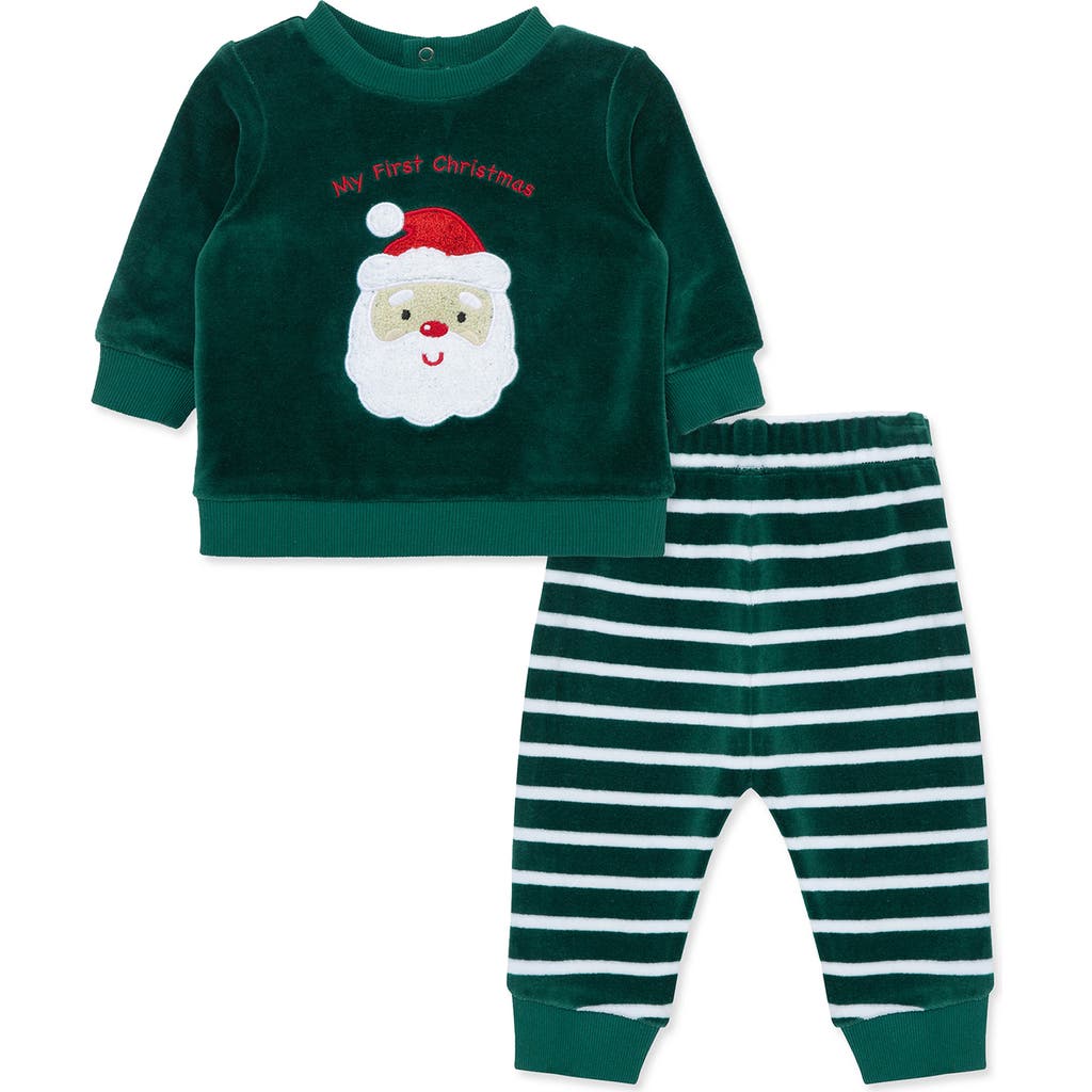 Little Me My First Christmas Santa Velour Sweatshirt & Striped Joggers Set in Green