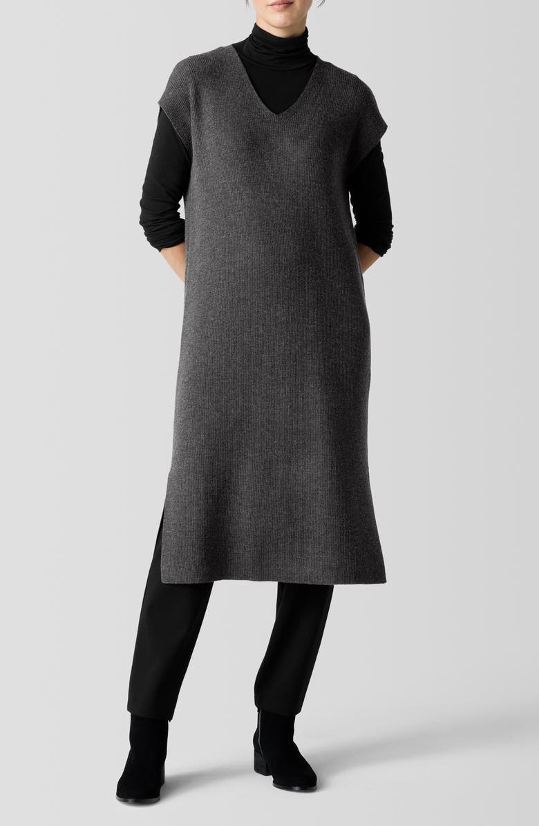 Eileen Fisher V-Neck Wool Shift Dress, Main, color, Charcoal