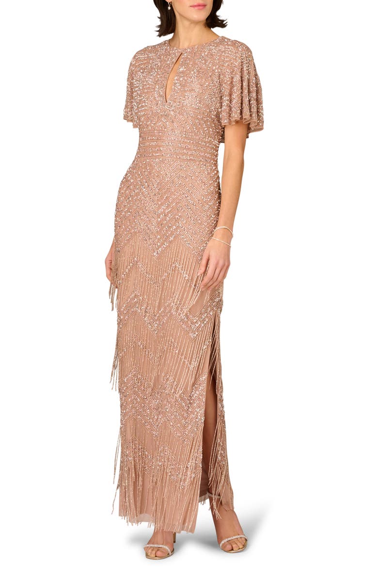 Aidan Mattox Beaded Fringe Flutter Sleeve Maxi Column Gown, Main, color,