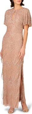 Aidan Mattox Beaded Fringe Flutter Sleeve Maxi Column Gown
