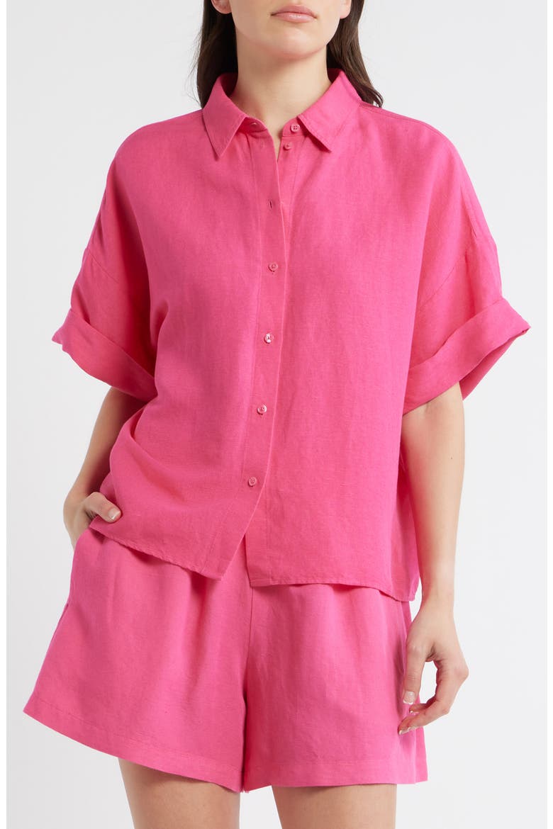 Bisenas Linen Blend Button-Up Shirt, Main, color, MAGENTA