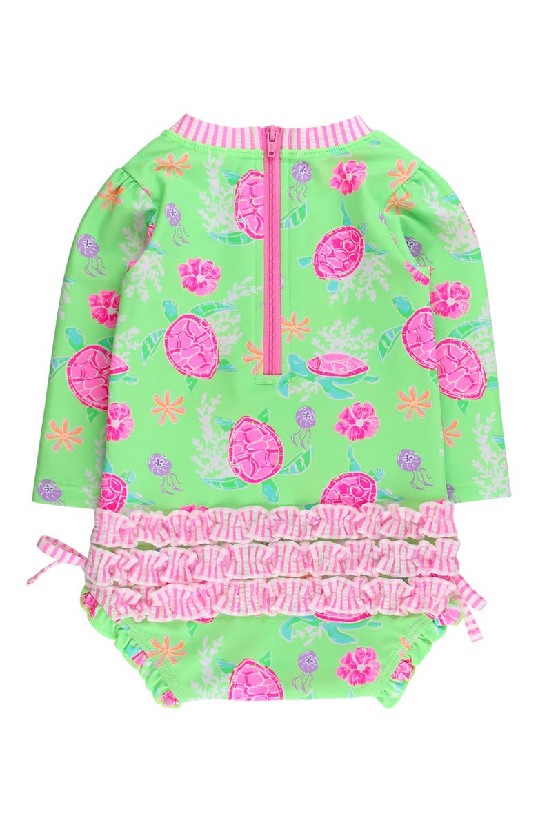 RuffleButts UPF50+ Sun Protected Neon Long Sleeve One Piece Rash Guard Swimsuit, with Signature Rear Ruffles, Alternate, color, Neon Turtle Tide