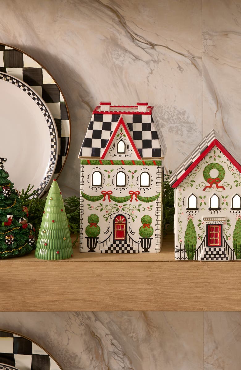 MACKENZIE CHILDS Holly Village Illuminated Ceramic Gingerbread Cottage & Shrub, Alternate, color, White