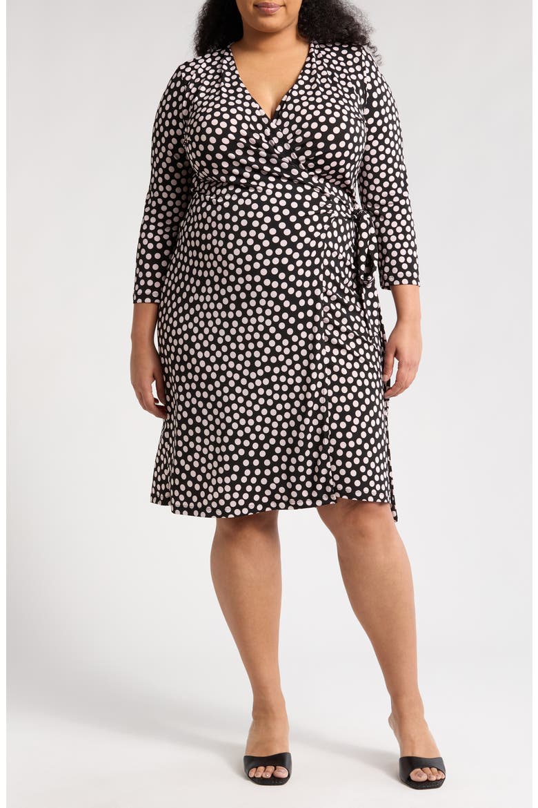 Polka Dot Long Sleeve Wrap Dress, Main, color, BLACK/ BLUSH