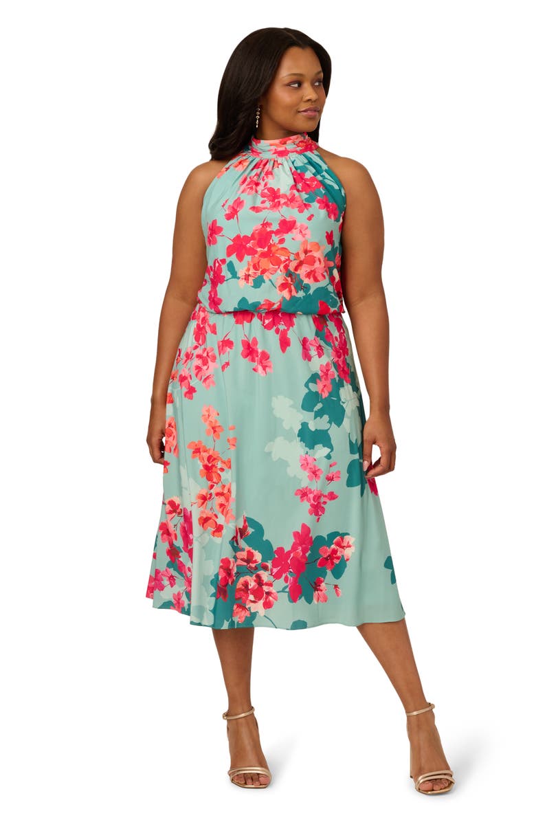 Adrianna Papell Floral Print Halter Neck Midi Dress, Alternate, color, 