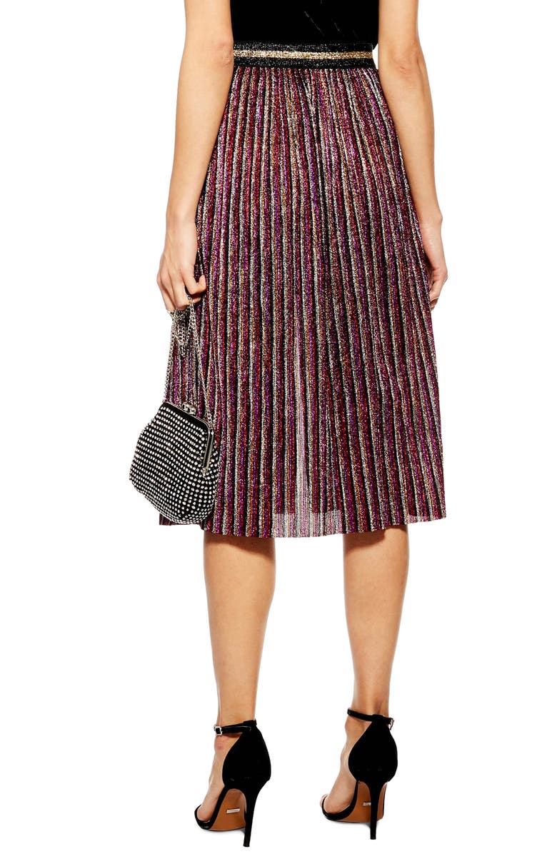 Topshop Metallic Plissé Midi Skirt, Alternate, color,