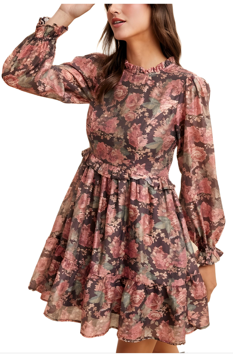 Knit and Lounge Romantic Floral Ruffle Mini Dress with Sheer Long Sleeves, Alternate, color,
