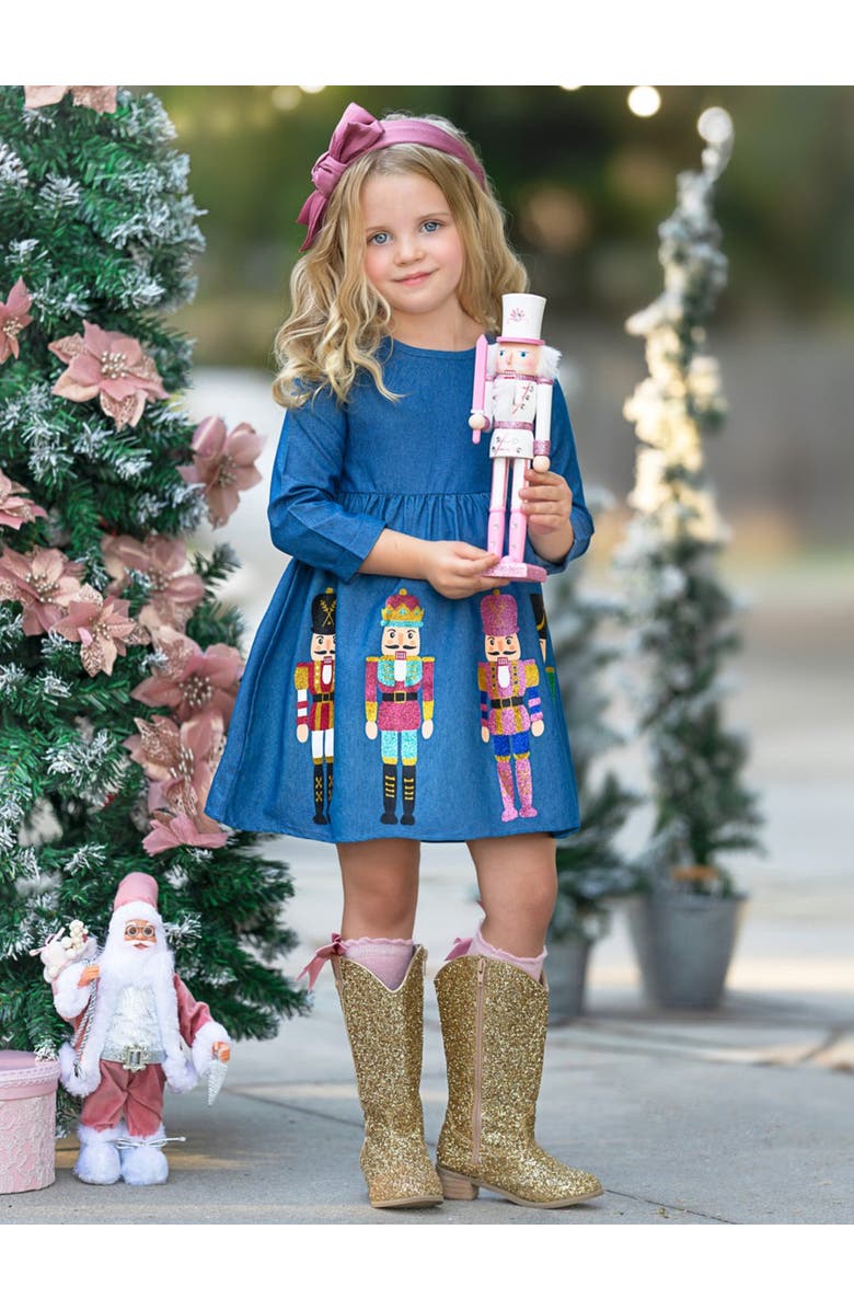 Mia Belle Girls Enchanting Nutcracker Glitter Chambray Dress, Alternate, color, Blue