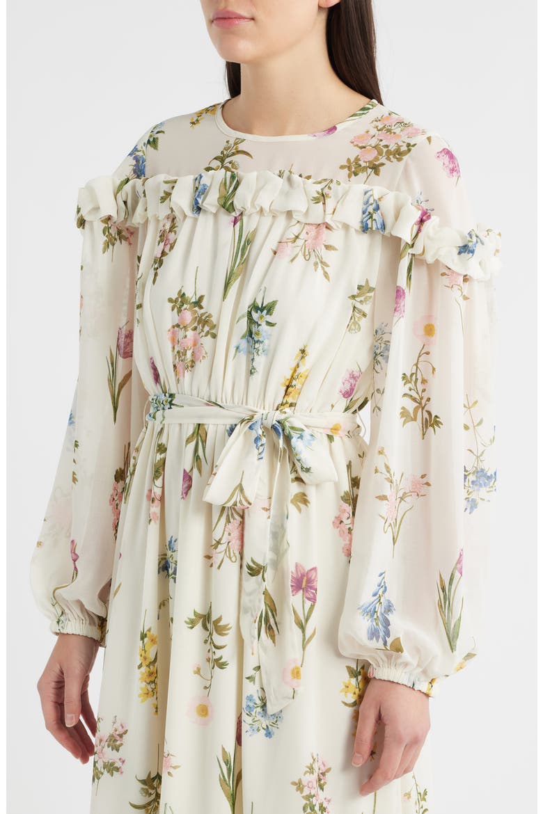 Printed Ruffle Long Sleeve Tie Belt Chiffon Midi Dress, Alternate, color, CREAM MULTI