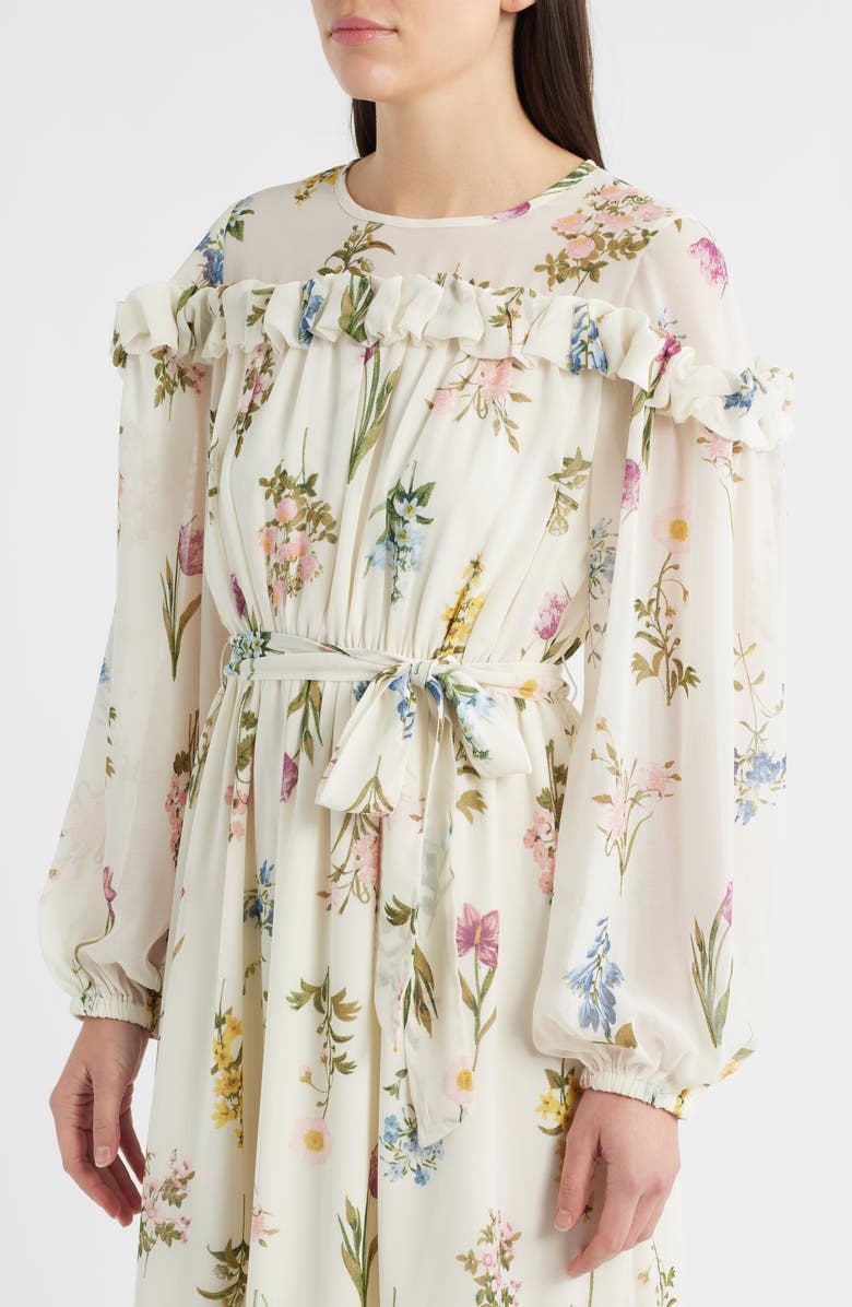 ZOE AND CLAIRE Printed Ruffle Long Sleeve Tie Belt Chiffon Midi Dress, Alternate, color, Cream Multi