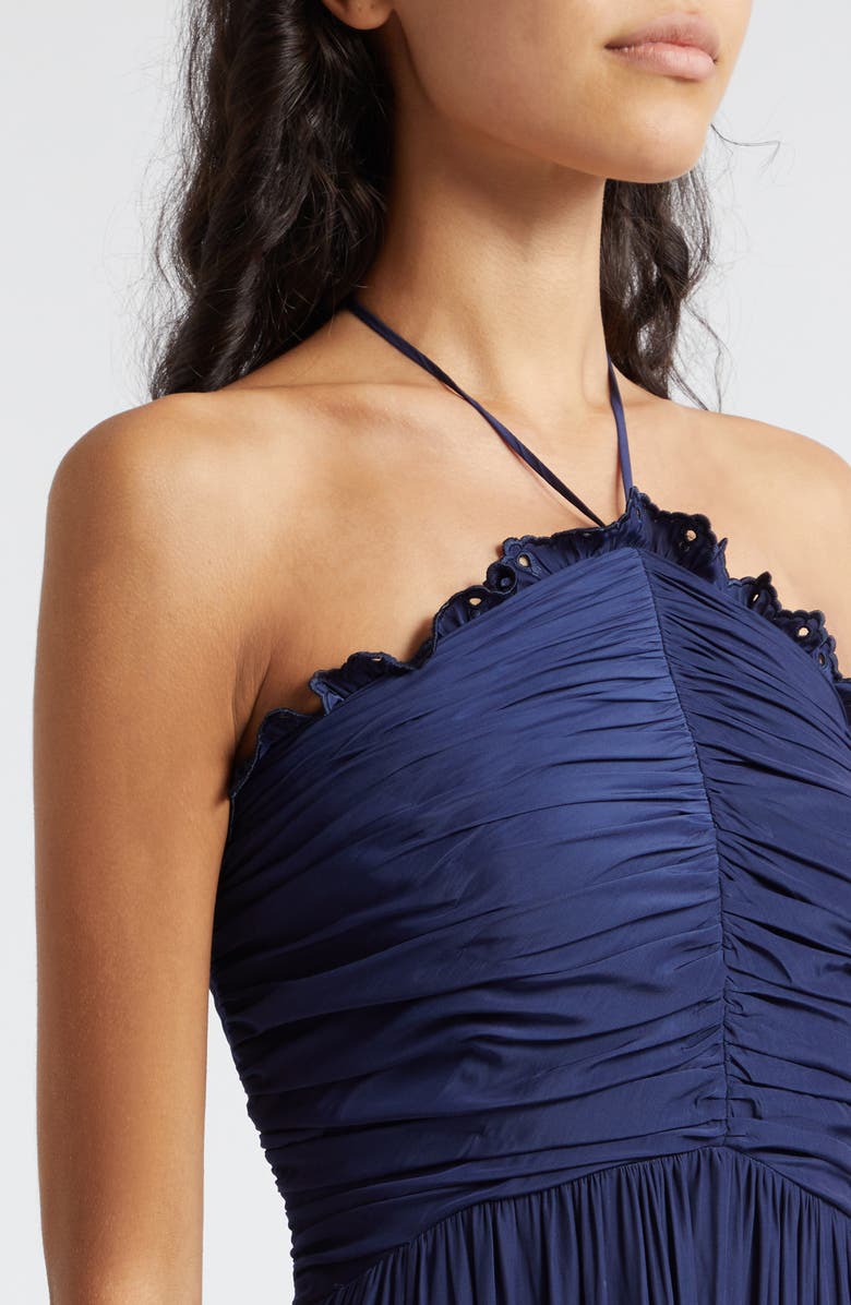 Ramy Brook Dulce Eyelet Ruffle Plissé Halter Maxi Dress, Alternate, color, Spring Navy