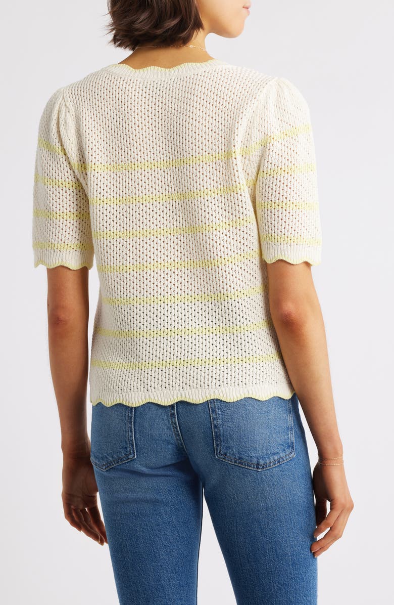 Wit & Wisdom Stripe Scallop Edge Short Sleeve Sweater, Alternate, color, Ivory/ Sunny Lime