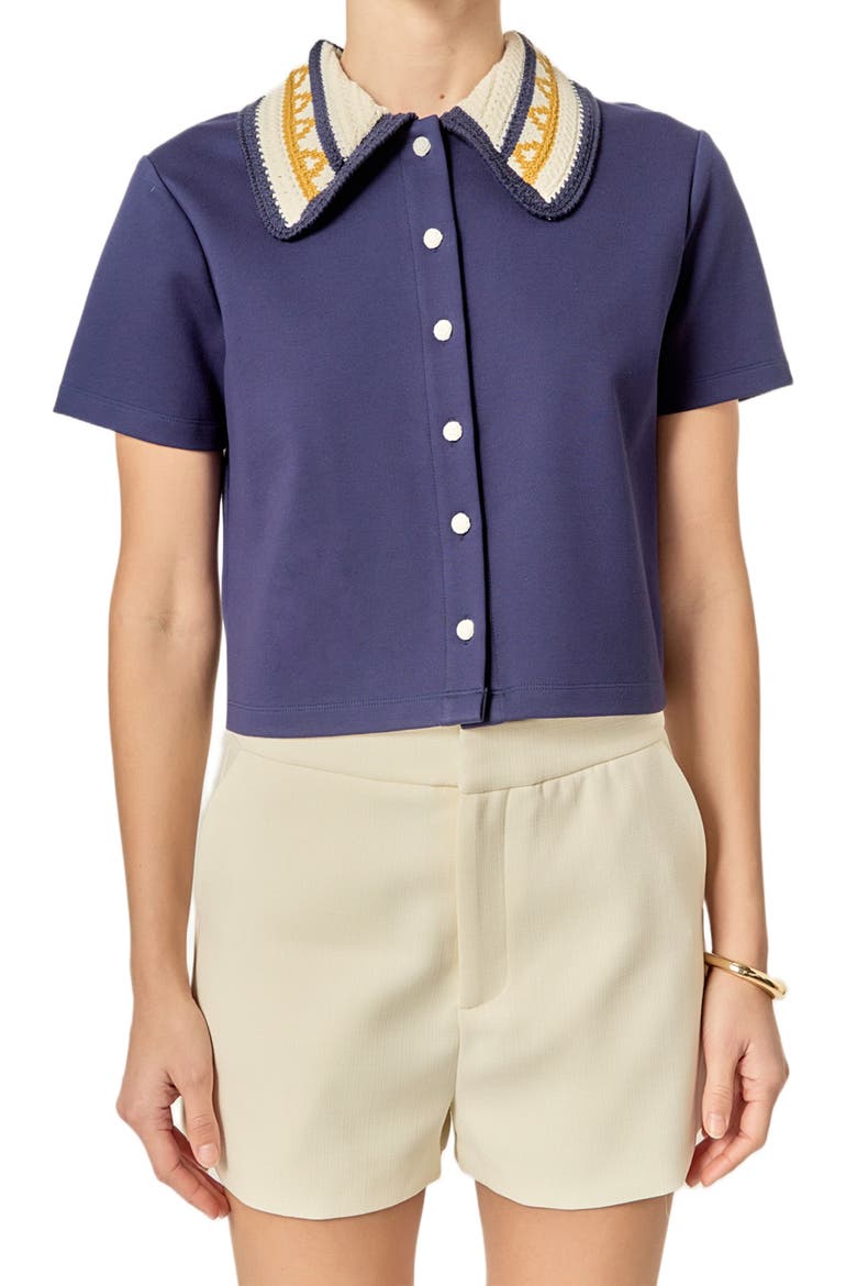 Crochet Collar Button-Up Top, Main, color, NAVY