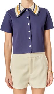 English Factory Crochet Collar Button-Up Top