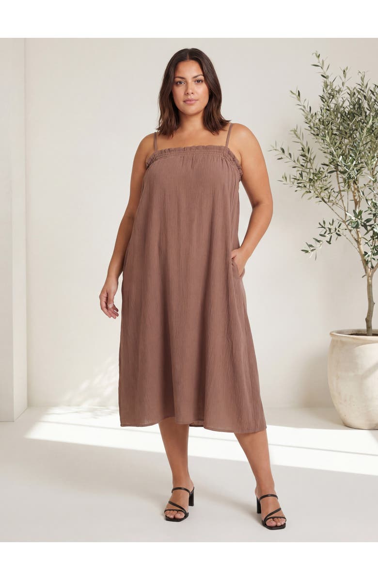 24seven Comfort Apparel Curvy Essential Spaghetti Strap Smocked Pocket A-Line Maxi Dress, Alternate, color, Black