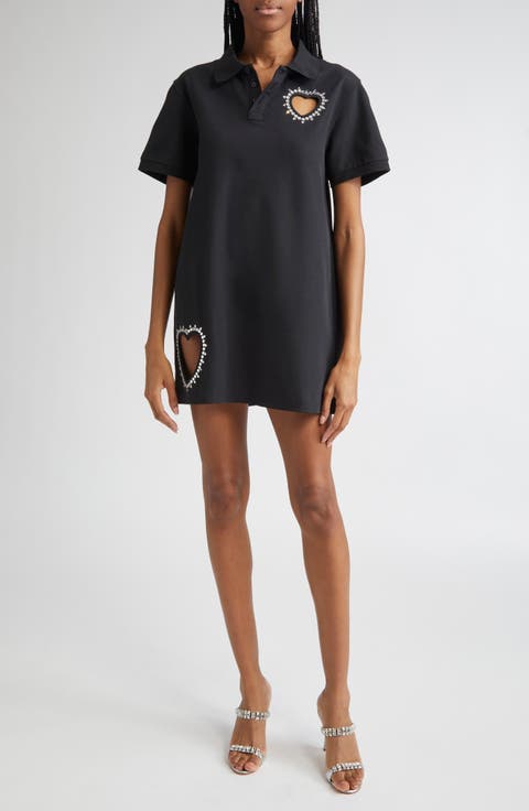 Crystal Trim Heart Cutout Cotton Piqué Polo Dress
