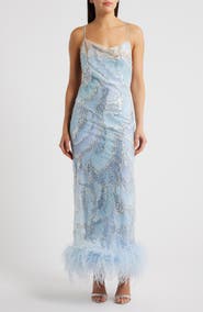 Delfi Collective Shani Sequin Ostrich Feather Hem Gown
