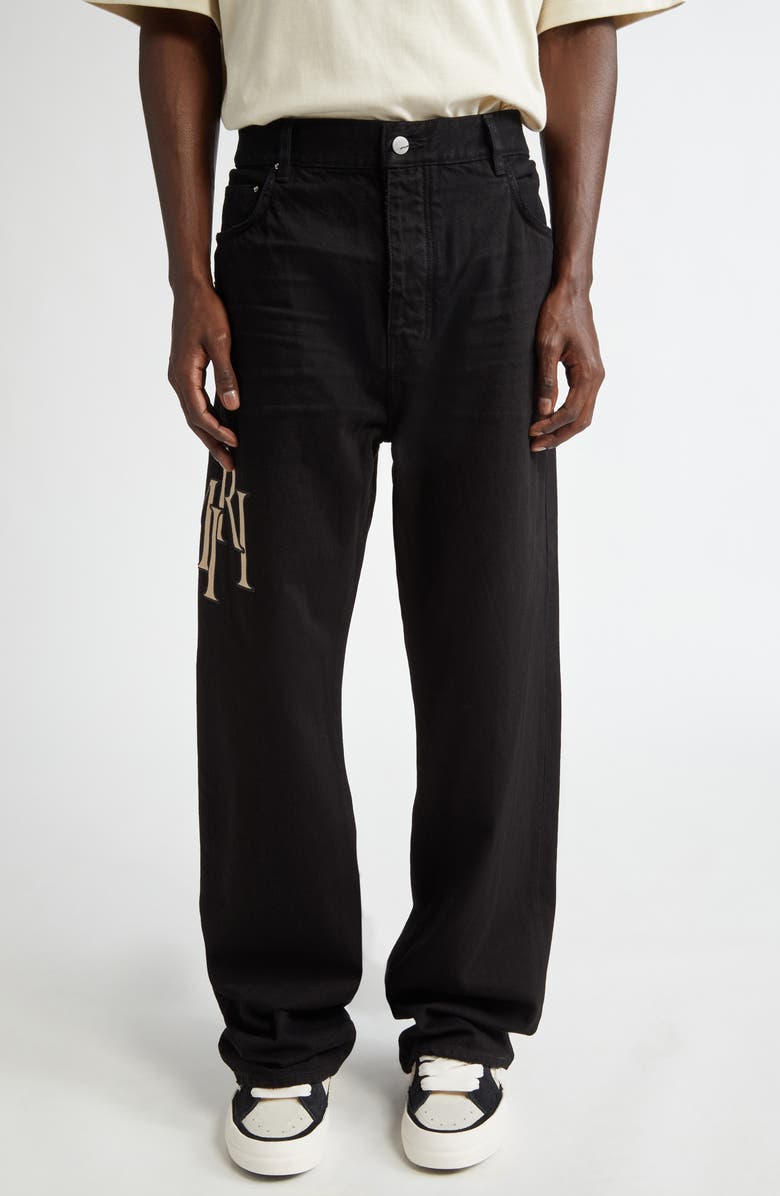 AMIRI Staggered Logo Nonstretch Denim Straight Leg Jeans, Main, color, Black Od