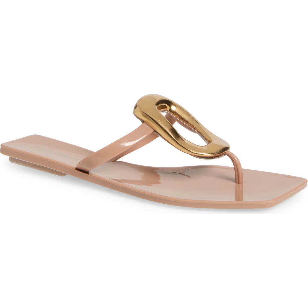 Jeffrey Campbell Linques-j Embellished T-strap Flat Jelly Sandals In Beige Shiny Gold