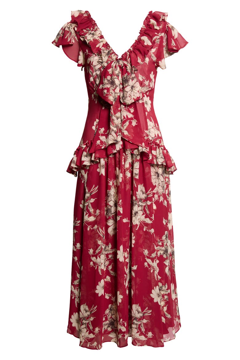 Sevi Hand-Sketched Floral Midi Dress, Alternate, color, BERRYWINE/ GARDENIA