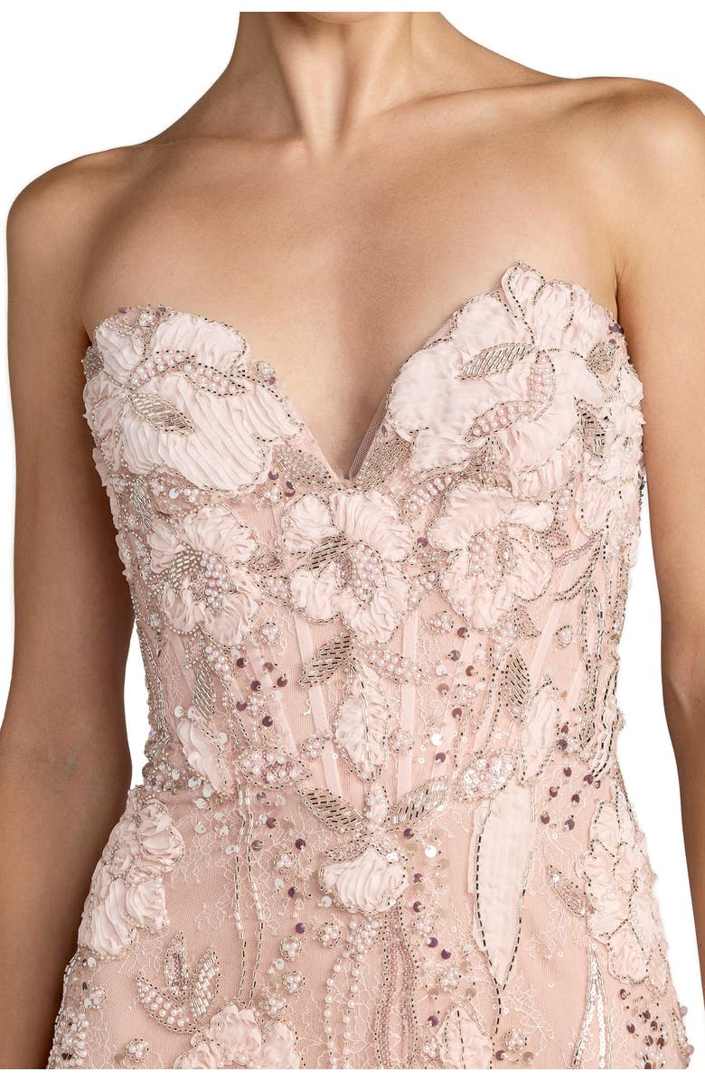 Mac Duggal Floral Beaded Mesh Strapless Column Gown, Alternate, color, Porcelain