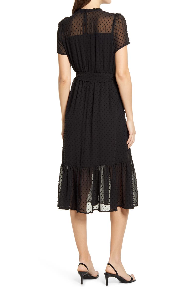Belted Swiss Dot Midi Dress, Alternate, color, BLACK
