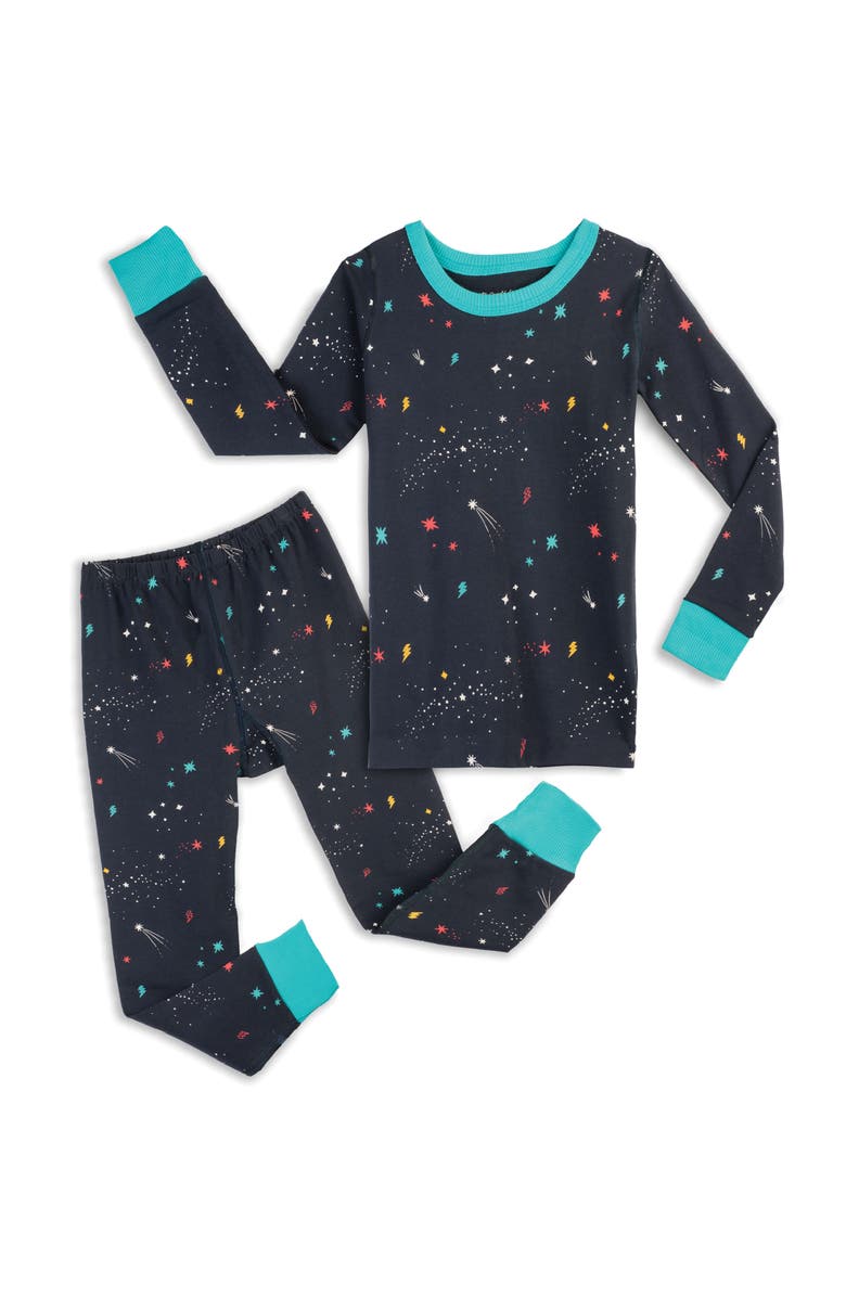 Mightly 100% Organic Cotton Print Long Sleeve Snug Fit Kids Pajamas, Main, color, Galaxy