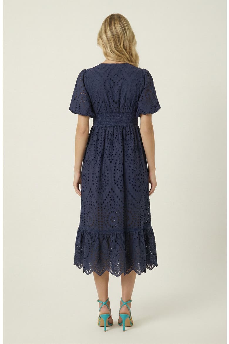 Puff Sleeve Eyelet Smocked Midi Dress, Alternate, color, Navy Blue