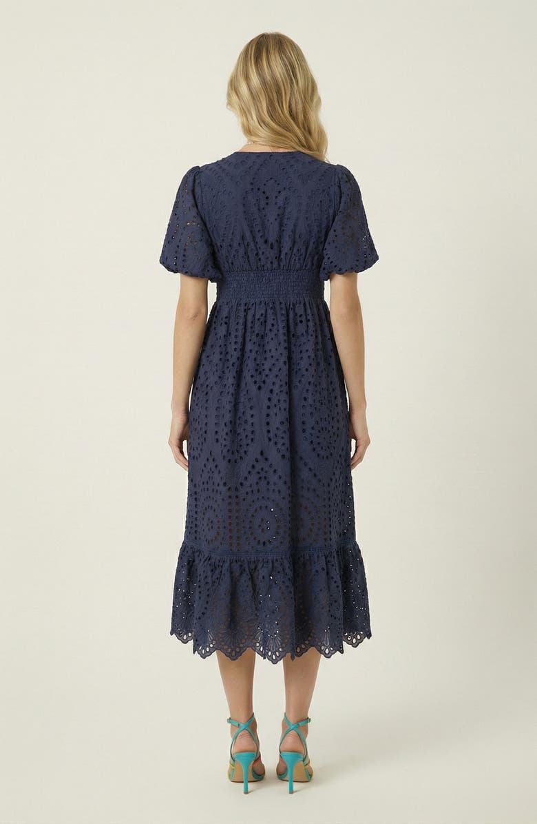 Modenaire Puff Sleeve Eyelet Smocked Midi Dress, Alternate, color, Navy Blue