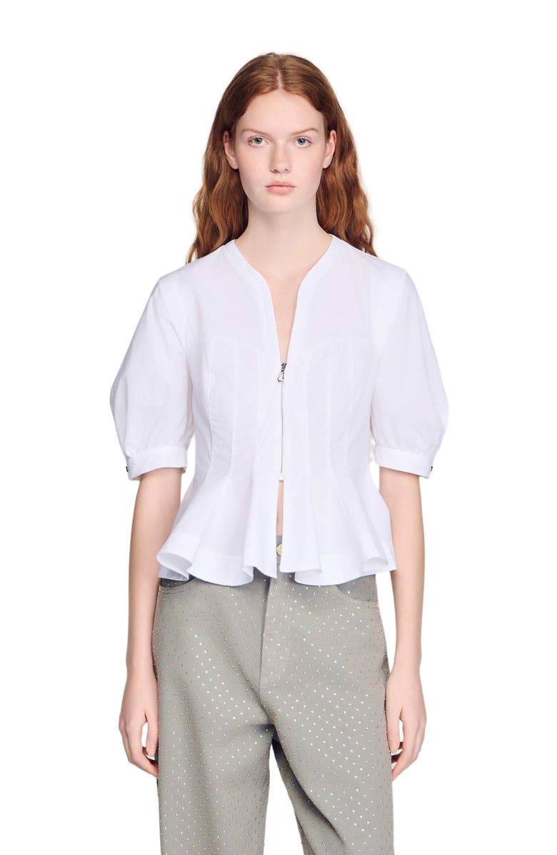 SANDRO Zipped peplum shirt, Main, color, White