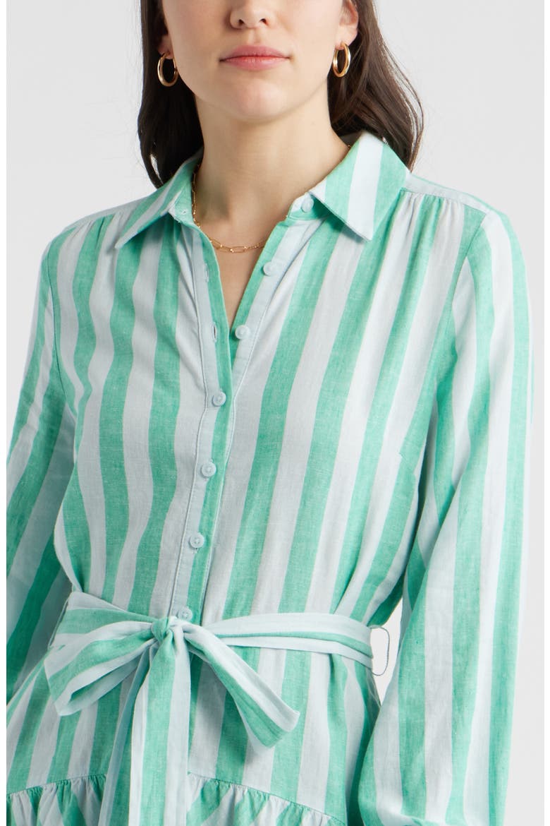 Long Sleeve Linen Blend Mini Shirtdress, Alternate, color, BLUE- GREEN CABANA STRIPE