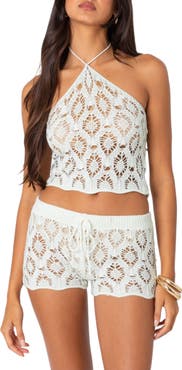 EDIKTED Peach Open Stitch Halter Top