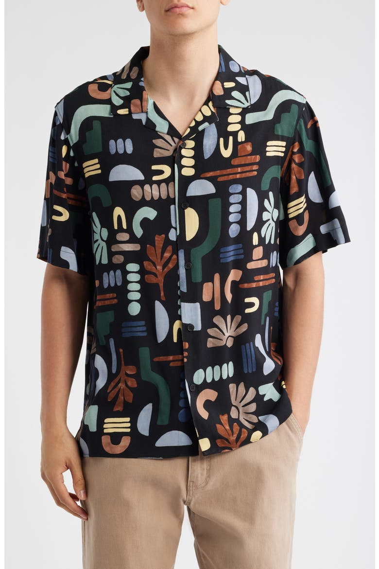 Didcot Geo Block Print Camp Shirt, Main, color, BLACK / MULTI