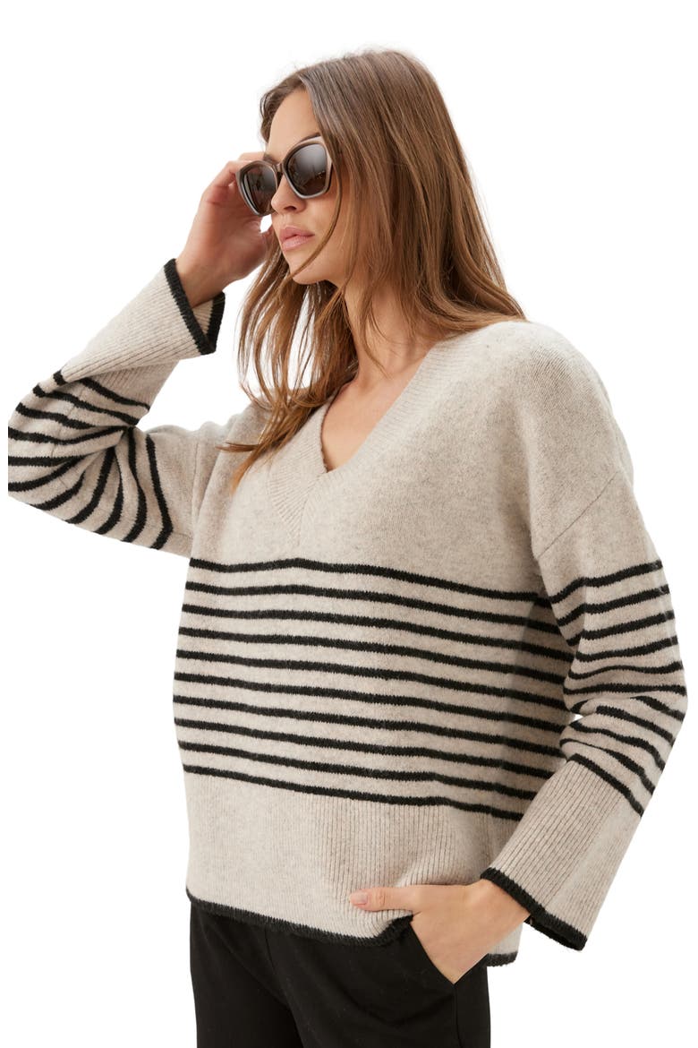 Stripe V-Neck Sweater, Alternate, color, OATMEAL W/ BLACK