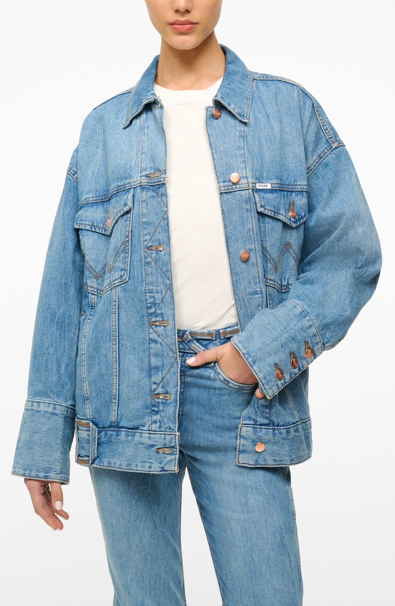 STAUD + Wrangler The Biggest Denim Trucker Jacket, Main, color, 