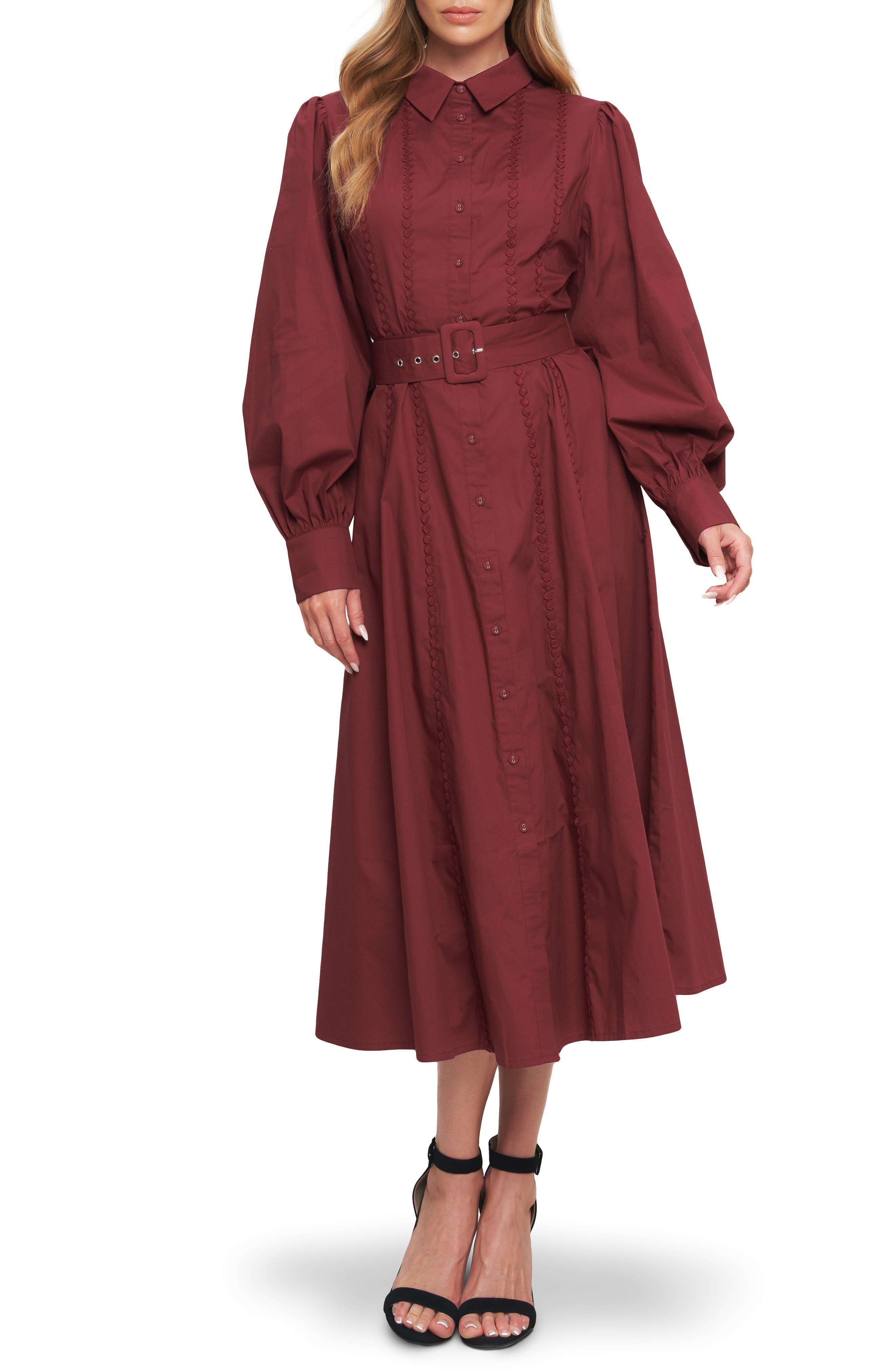 FLYING TOMATO Long Sleeve Solid Midi Shirtdress