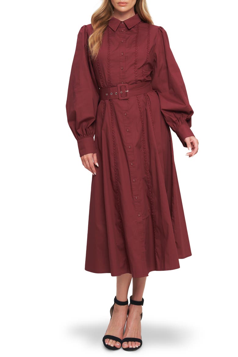 Long Sleeve Solid Midi Shirtdress, Main, color, BURGUNDY