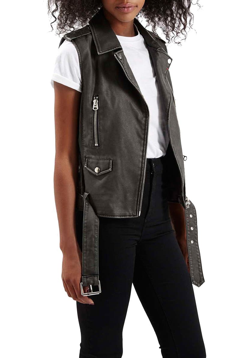 Topshop 'Sylvia' Faux Leather Moto Vest, Main, color,