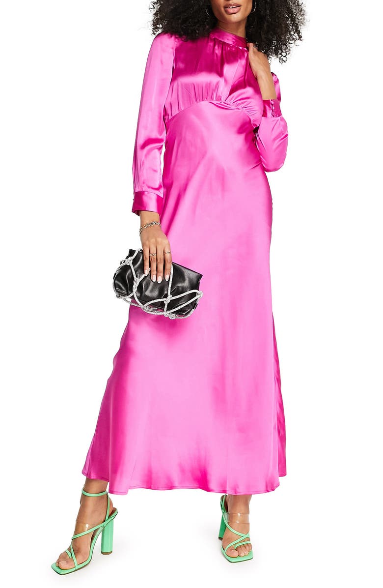 ASOS DESIGN Mock Neck Long Sleeve Satin Maxi Dress, Main, color, 