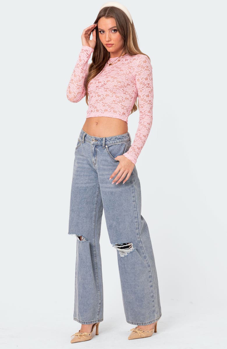 EDIKTED Estella Sheer Lace Crop Top, Alternate, color, Pink