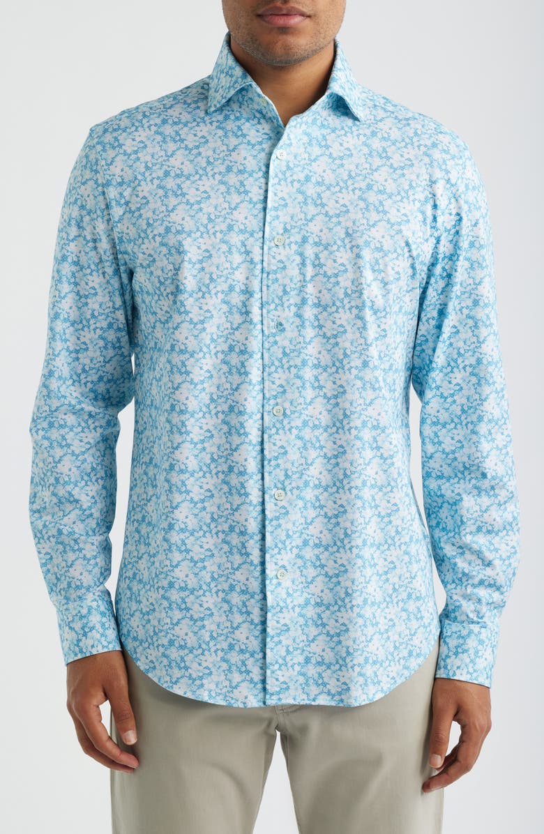 Bugatchi Devon OoohCotton<sup>®</sup> Floral Print Long Sleeve Button-Up Shirt, Main, color, Teal