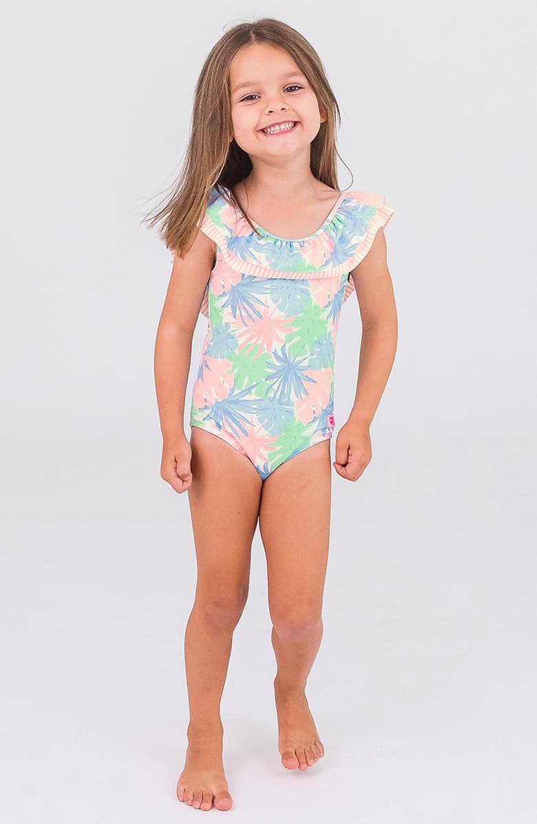 RuffleButts Kids' Pastel Palms Ruffle One-Piece Swimsuit, Alternate, color, 
