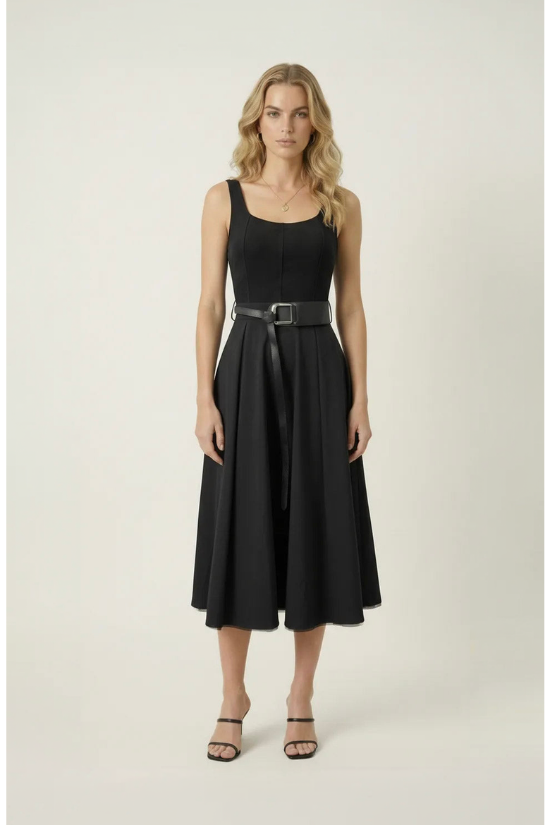 Belted Scoop Neck Midi Dress, Main, color, Black