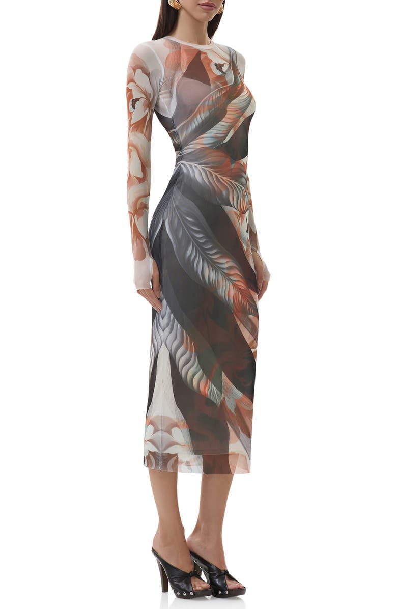 AFRM Ashland Print Long Sleeve Mesh Midi Dress, Alternate, color, Noir Leaf Lotus