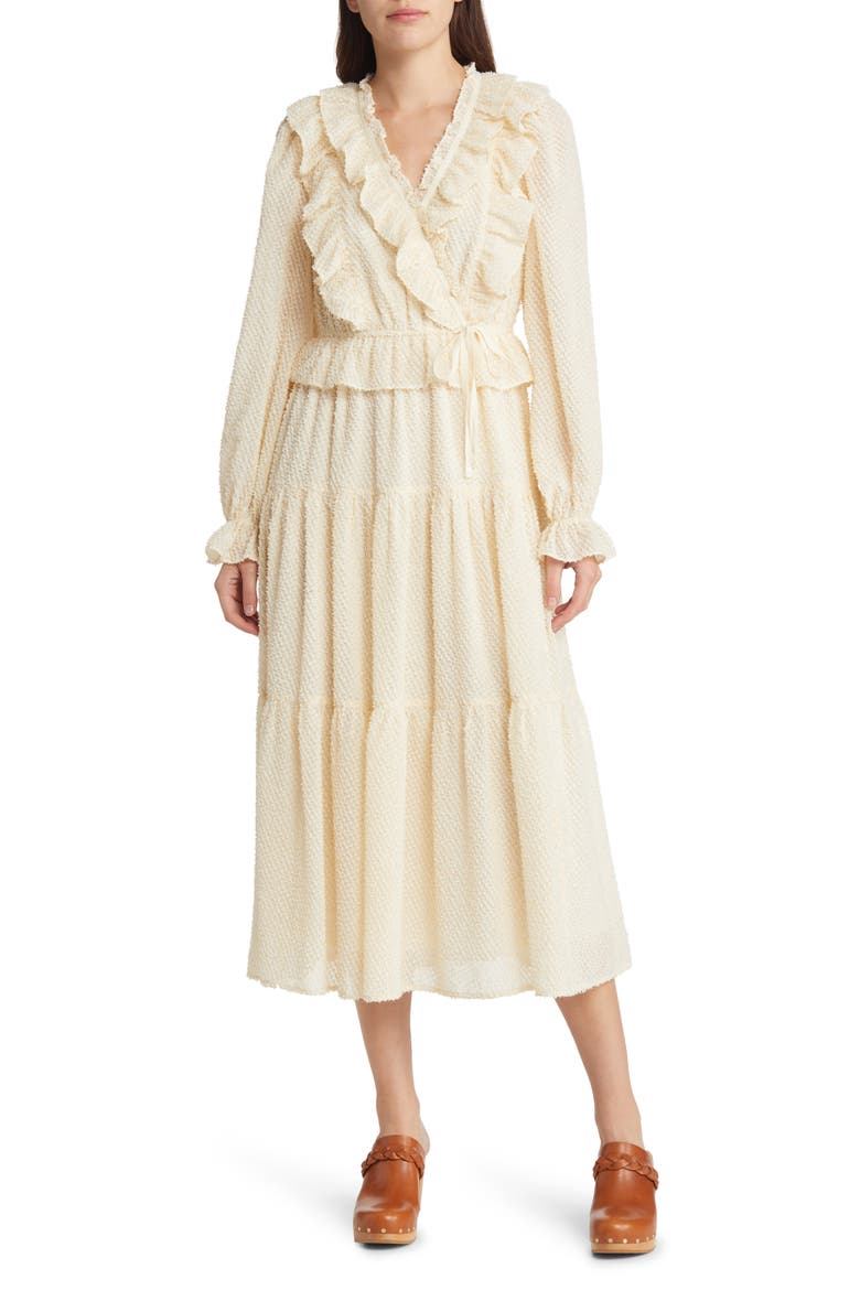 Ruffle Clip Dot Long Sleeve Chiffon Midi Faux Wrap Dress, Main, color, CREAM