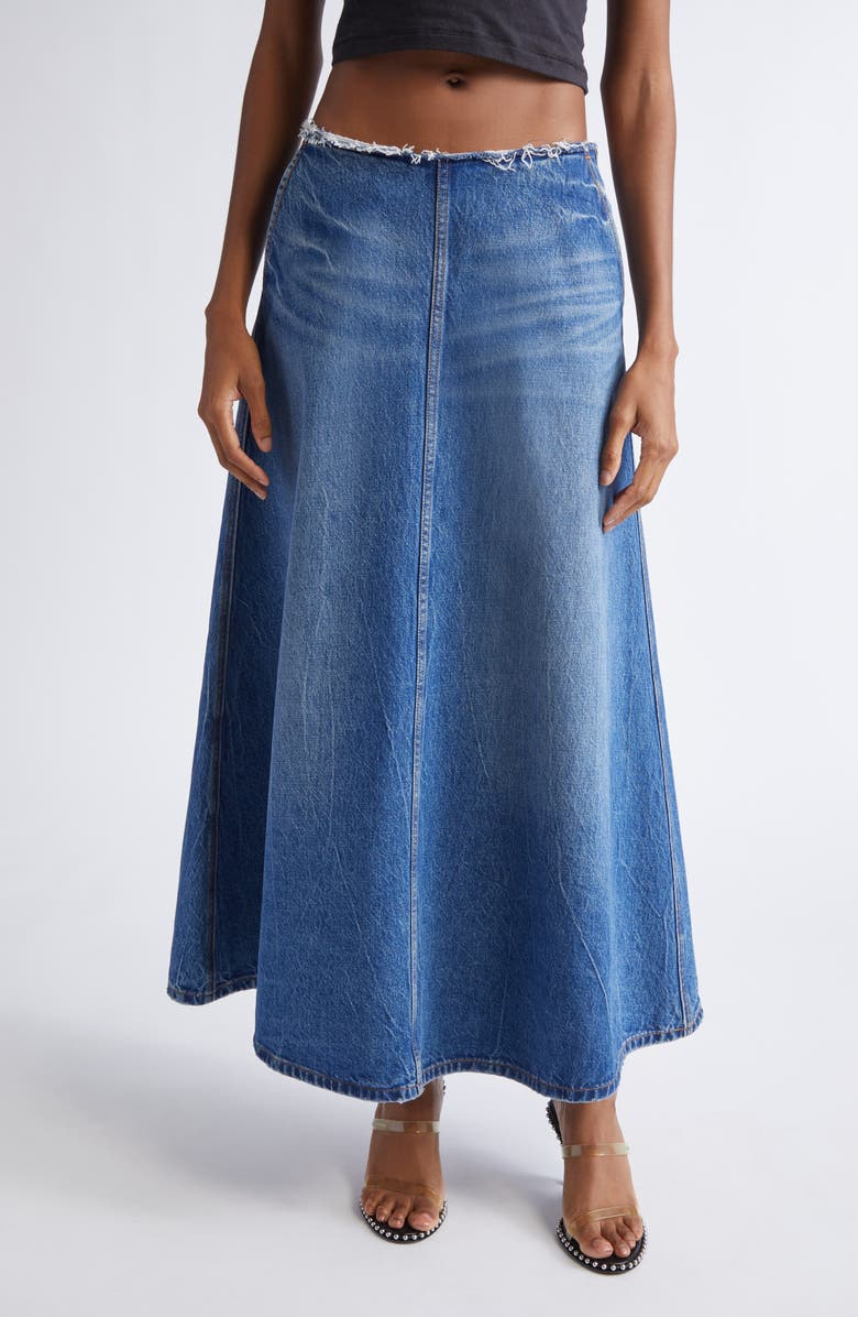 Alexander Wang Raw Cut Waist Low Rise Denim A-Line Skirt, Main, color, Vintage Marbled Blue