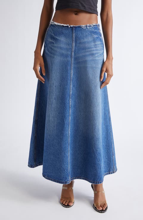 Raw Cut Waist Low Rise Denim A-Line Skirt
