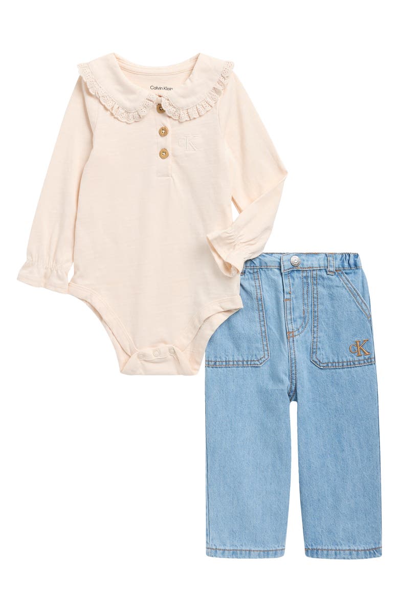 Calvin Klein Ruffle Long Sleeve Bodysuit & Jeans Set, Main, color, Blue Multi